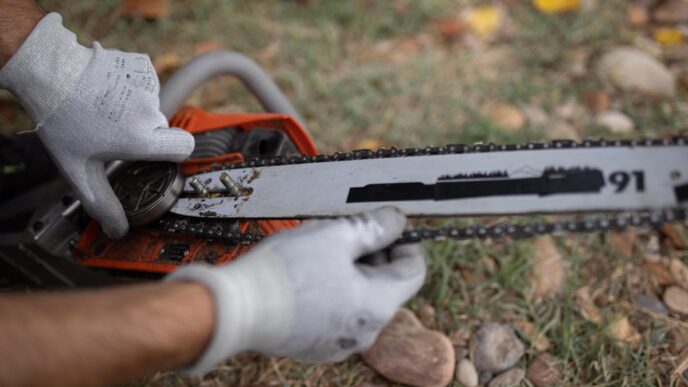 Technician adjusting a Stihl chainsaw in a workshop, showcasing craftsmanship and focus.