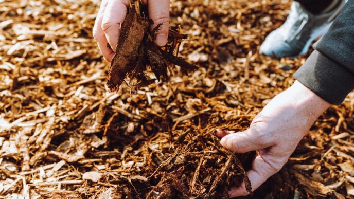 Gardener raking autumn leaves into a compost bin in a serene backyard.