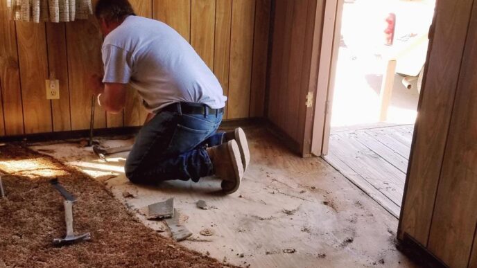 Skilled tradesperson removing old carpet in sunlit living room, preparing for new flooring.