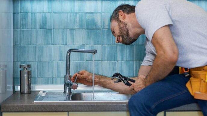 A close-up of a hand repairing a leaky faucet in a modern kitchen.