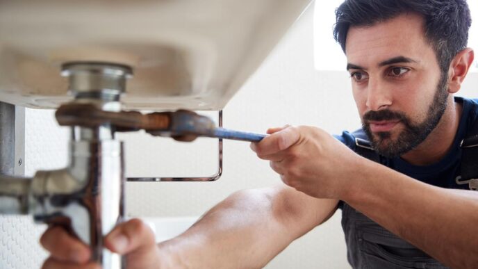 Handyman fixing vintage toilet in a modern bathroom, surrounded by tools and greenery.