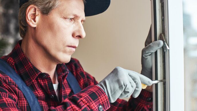 DIY enthusiast replacing a window pane in a sunlit, vintage home, surrounded by tools.